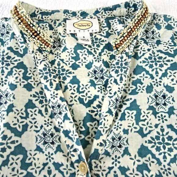 Talbots Women's Blouse Size Small Petite SP Blue Green Tropical Wood Beading - Picture 2 of 15